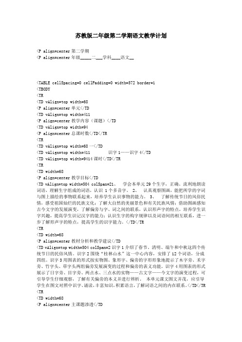 苏教版二年级第二学期语文教学计划