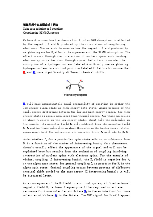 核磁共振中自旋裂分或J偶合