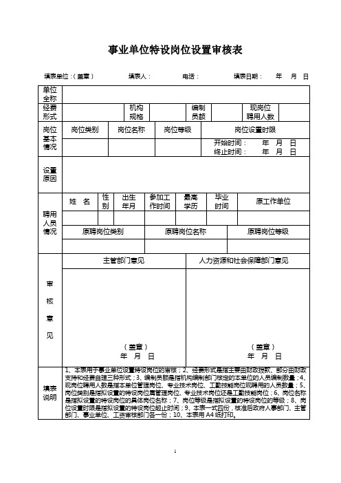 事业单位特设岗位设置审核表