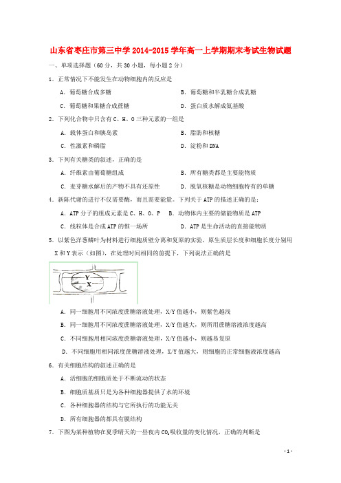 山东省枣庄市第三中学高一生物上学期期末考试试题