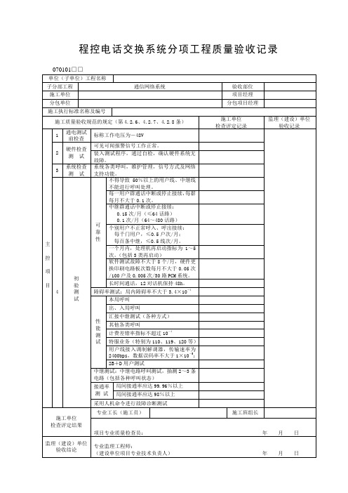 程控电话交换系统分项工程质量验收记录