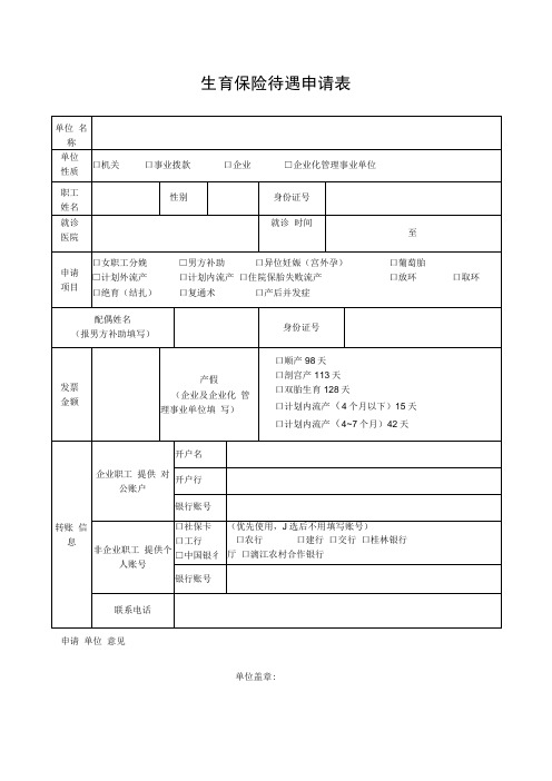 生育保险待遇申请表单位女职工管理台账