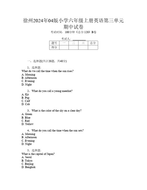 徐州2024年04版小学六年级上册L卷英语第三单元期中试卷