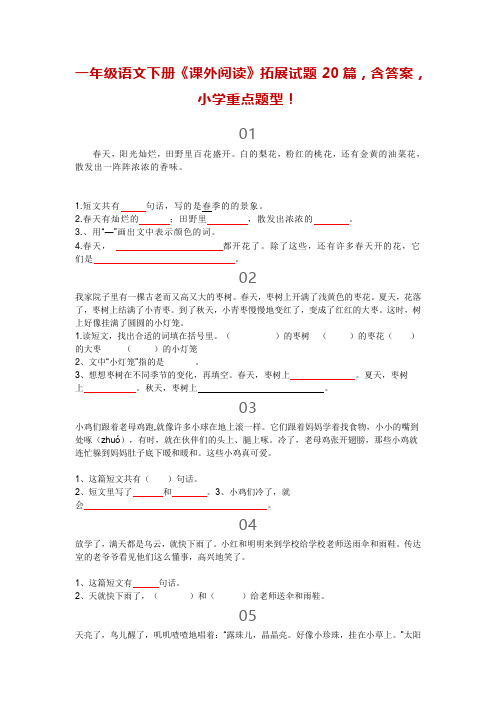 一年级语文下册《课外阅读》拓展试题20篇,含答案,