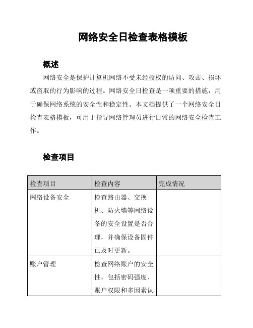 网络安全日检查表格模板