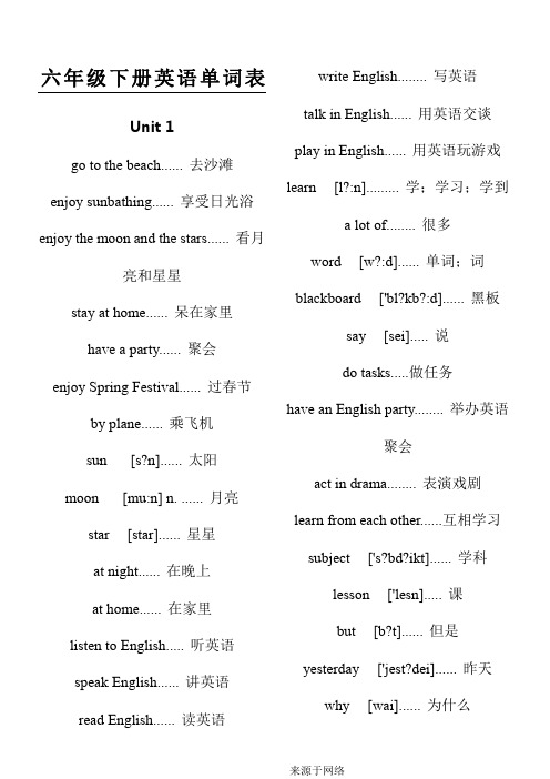 六年级下册英语单词表(人教版三年级起点)