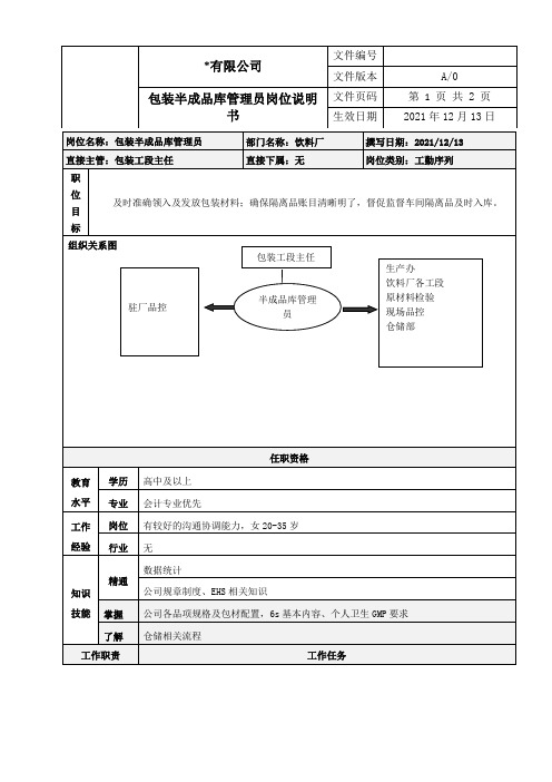 包装半成品库管理员岗位说明书