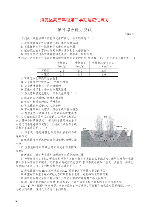 2019北京海淀区高三年级第二学期适应性练习(零模)理综生物试卷(含答案)