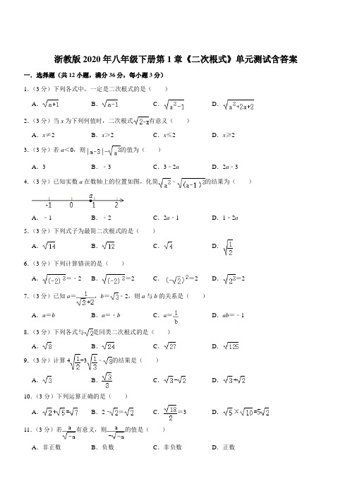 浙教版2020年八年级下册第1章《二次根式》单元测试附答案