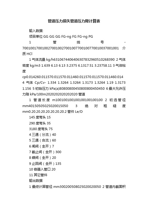 管道压力损失管道压力降计算表