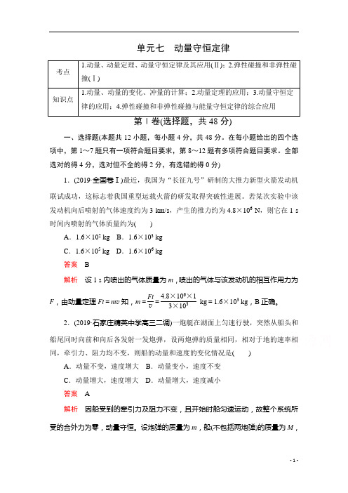 2021届高考物理一轮专题重组卷：第一部分 单元七 动量守恒定律 含解析