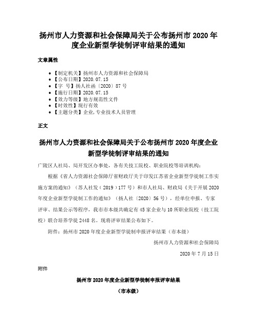 扬州市人力资源和社会保障局关于公布扬州市2020年度企业新型学徒制评审结果的通知