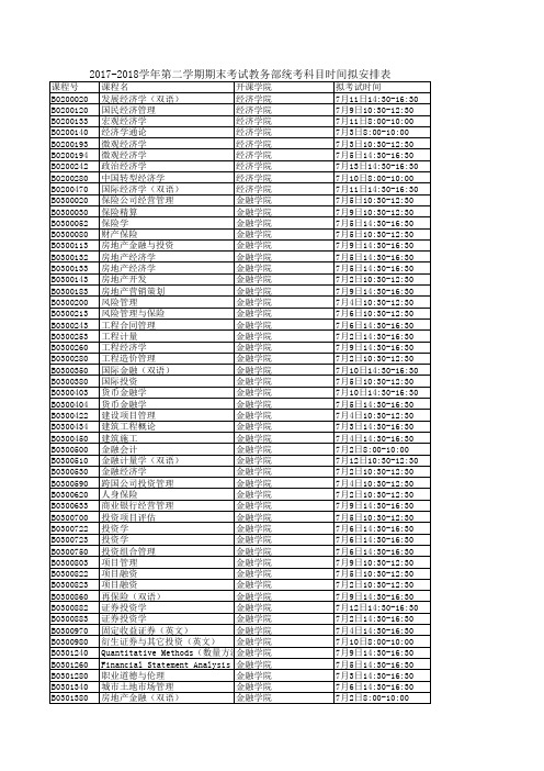 2017-2018学年第二学期期末考试教务部统考科目时间拟安排表