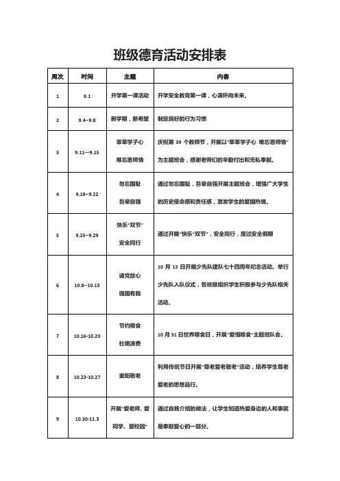 秋季学期班级德育活动安排表