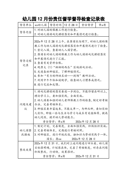 幼儿园12月份责任督学督导检查记录表