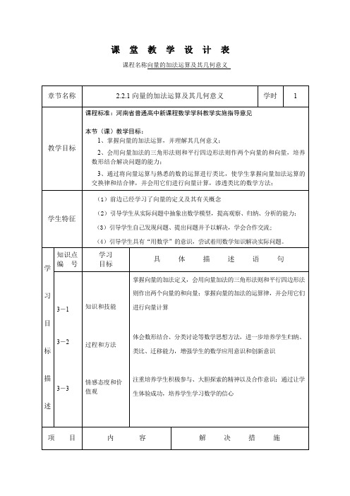 高中数学必修四《向量的加法运算及其几何意义》优秀教学设计