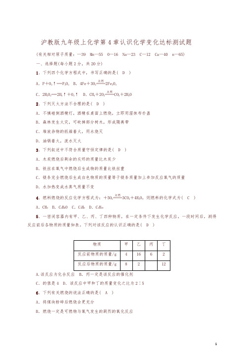 沪教版九年级上册化学第4章认识化学变化达标测试题(含答案)