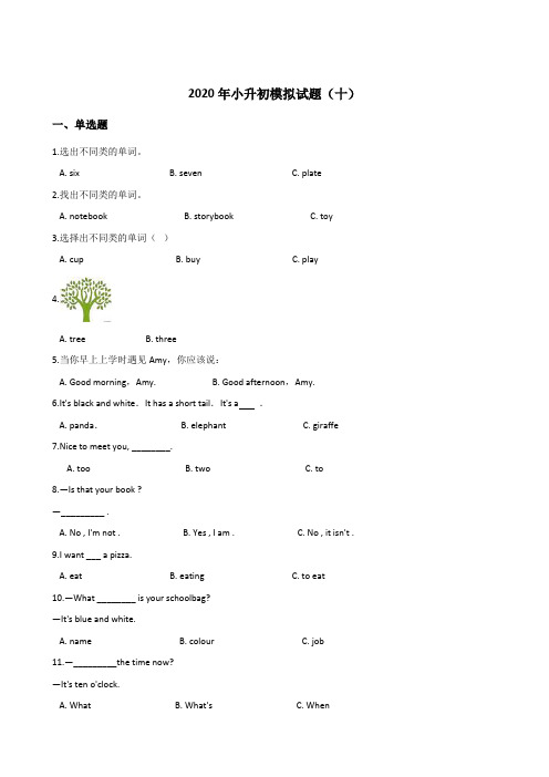 六年级下册英语试题--2020年小升初模拟试题(十)译林版三起(含答案)