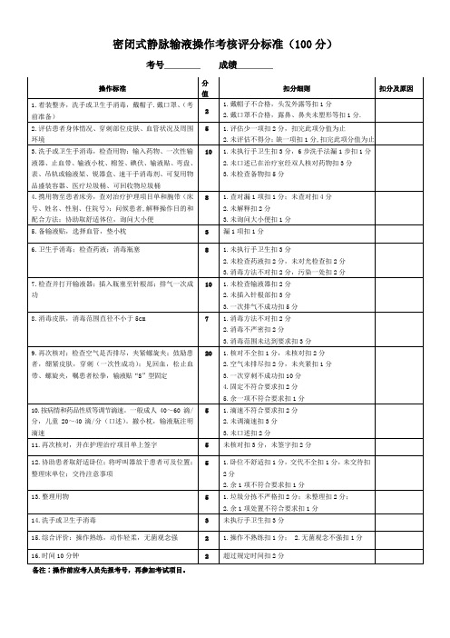 2019静脉输液技术评分标准