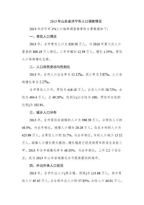 2013年山东省济宁市人口调查情况