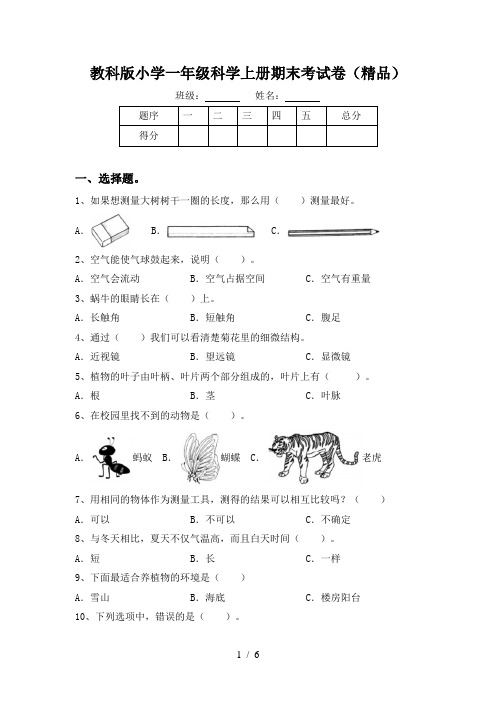 教科版小学一年级科学上册期末考试卷(精品)