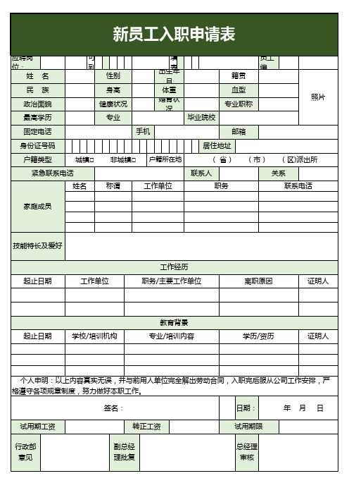 新员工入职申请表