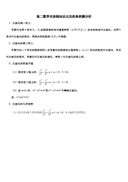 高二数学双曲线知识点及经典例题分析