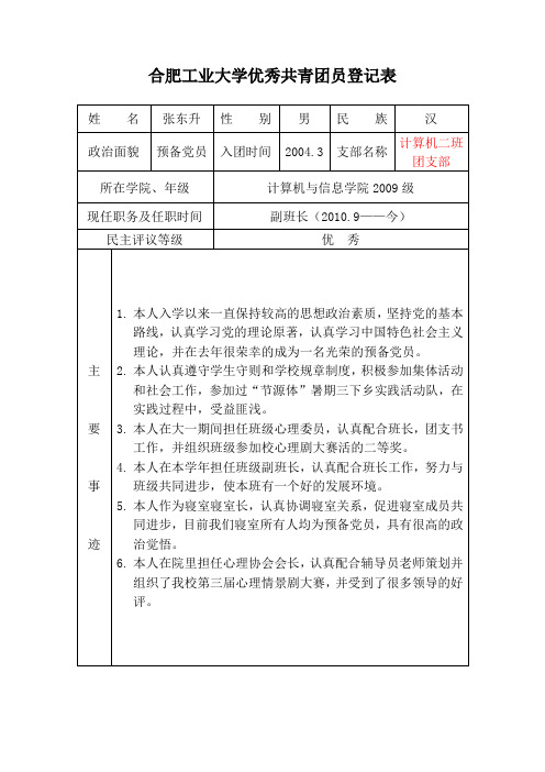 合肥工业大学优秀共青团员登记表-张东升