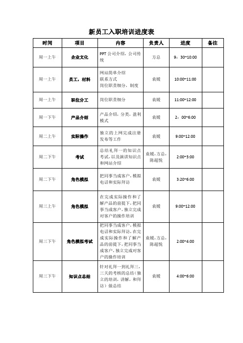 新员工入职培训进度表1