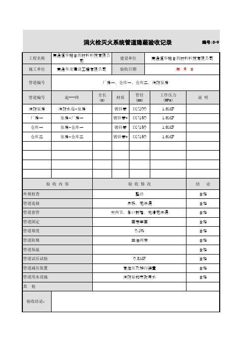 消火栓灭火系统管道隐蔽验收记录