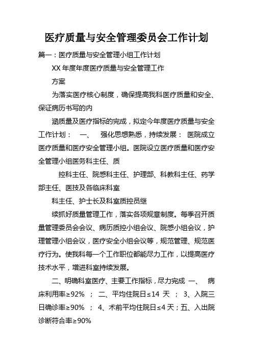 医疗质量与安全管理委员会工作计划