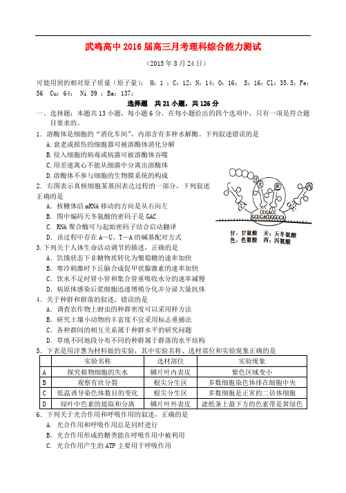 广西武鸣县高级中学高三理综8月月考试题