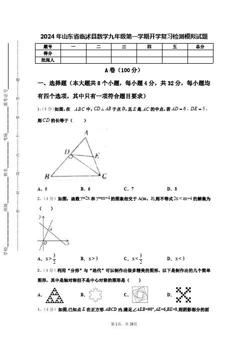 2024年山东省临沭县数学九年级第一学期开学复习检测模拟试题【含答案】