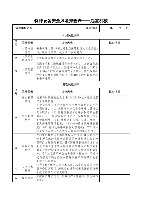 特种设备安全风险排查表——场(厂)内专用车辆