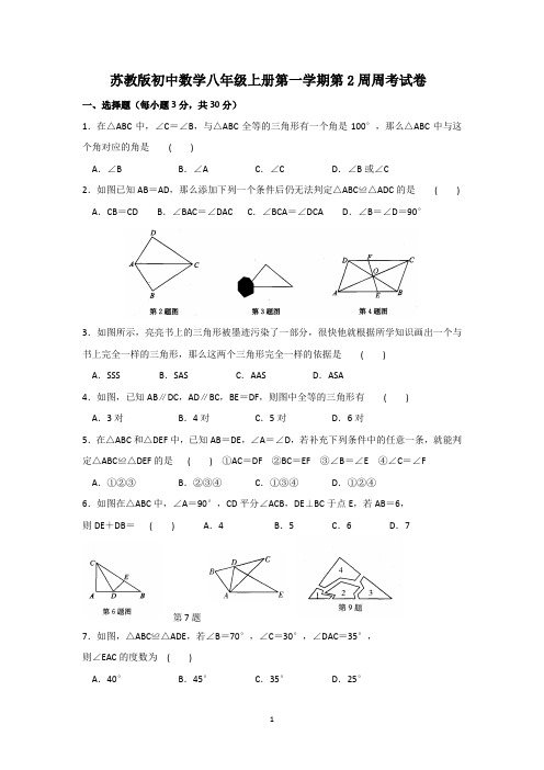 苏教版初中数学八年级上册第一学期第2周周考试卷