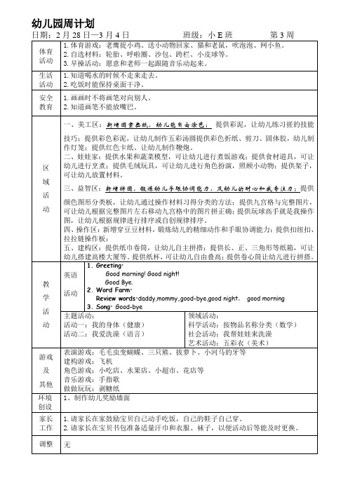 幼儿园小班班级周计划第3周