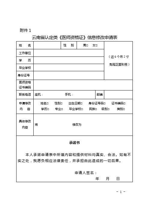 云南省认定类《医师资格证》信息修改申请表