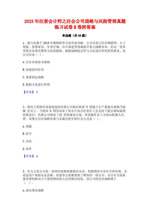 2023年注册会计师之注会公司战略与风险管理真题练习试卷B卷附答案