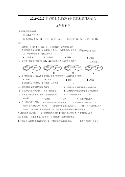 浙教版九年级科学上册期末测试