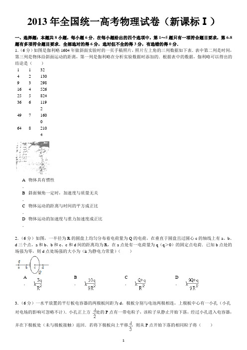 2013年全国统一高考理综卷物理试题(新课标ⅰ)及解析