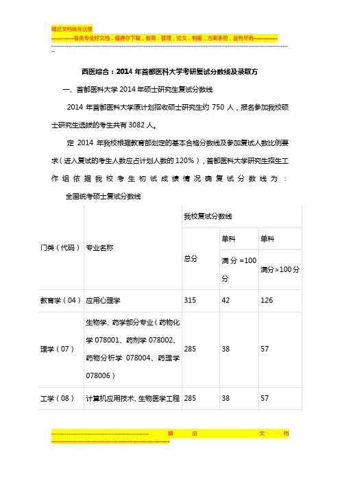 西医综合：2014年首都医科大学考研复试分数线及录取方案