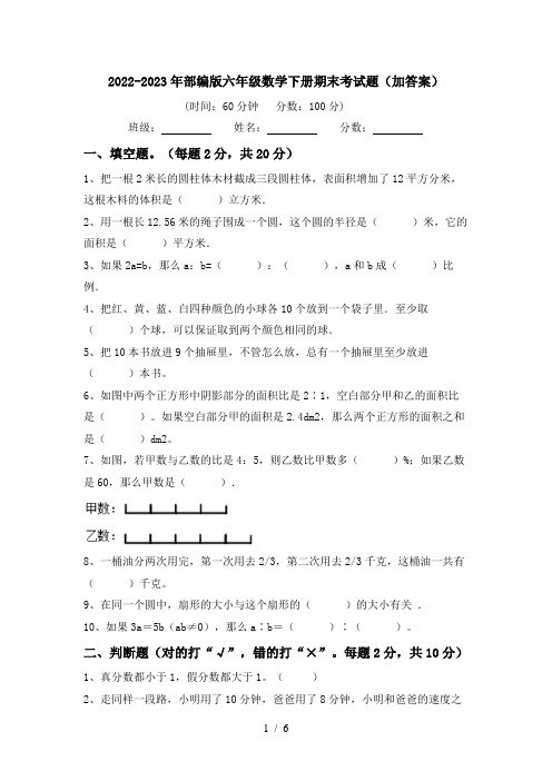 2022-2023年部编版六年级数学下册期末考试题(加答案)