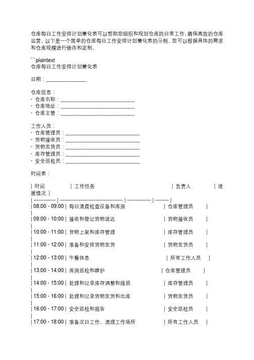 仓库每日工作安排计划量化表