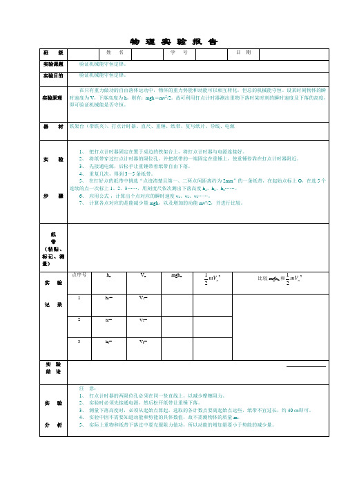 实验报告：验证机械能守恒定律