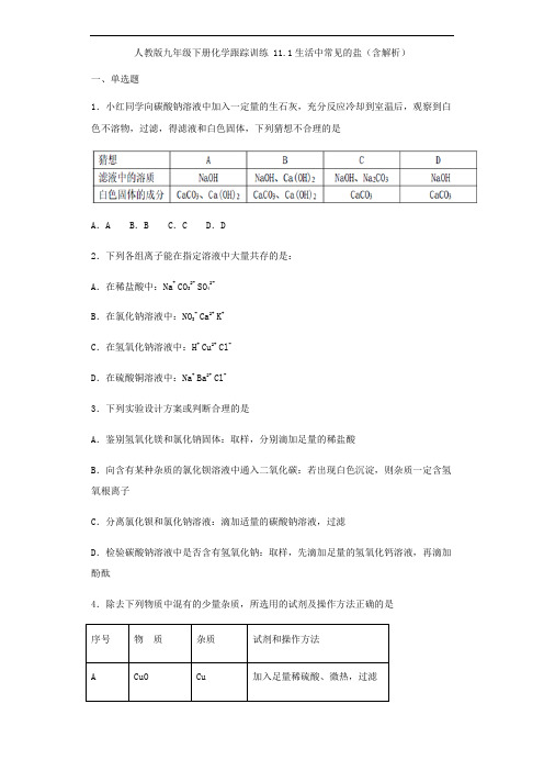 人教版九年级下册化学跟踪训练 11.1生活中常见的盐(含解析)