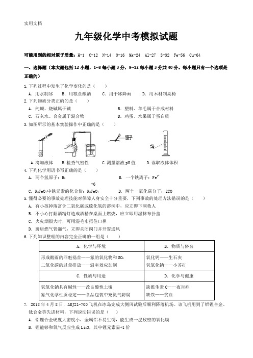 初中化学中考模拟试题(附答案)