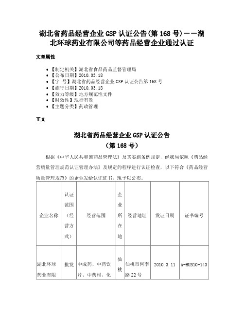 湖北省药品经营企业GSP认证公告(第168号)－－湖北环球药业有限公司等药品经营企业通过认证