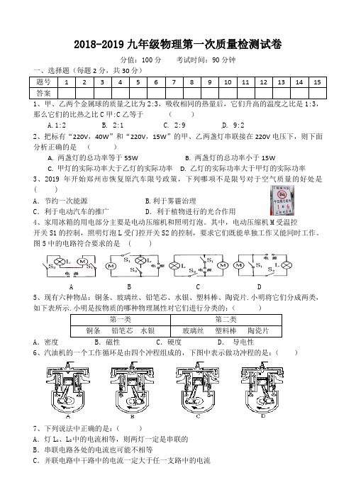 2018-2019九年级物理第一次质量检测试卷