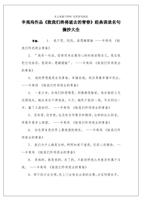 辛夷坞作品《致我们终将逝去的青春》经典语录名句摘抄大全