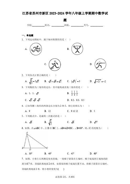 江苏省苏州市新区2023-2024学年八年级上学期期中数学试题